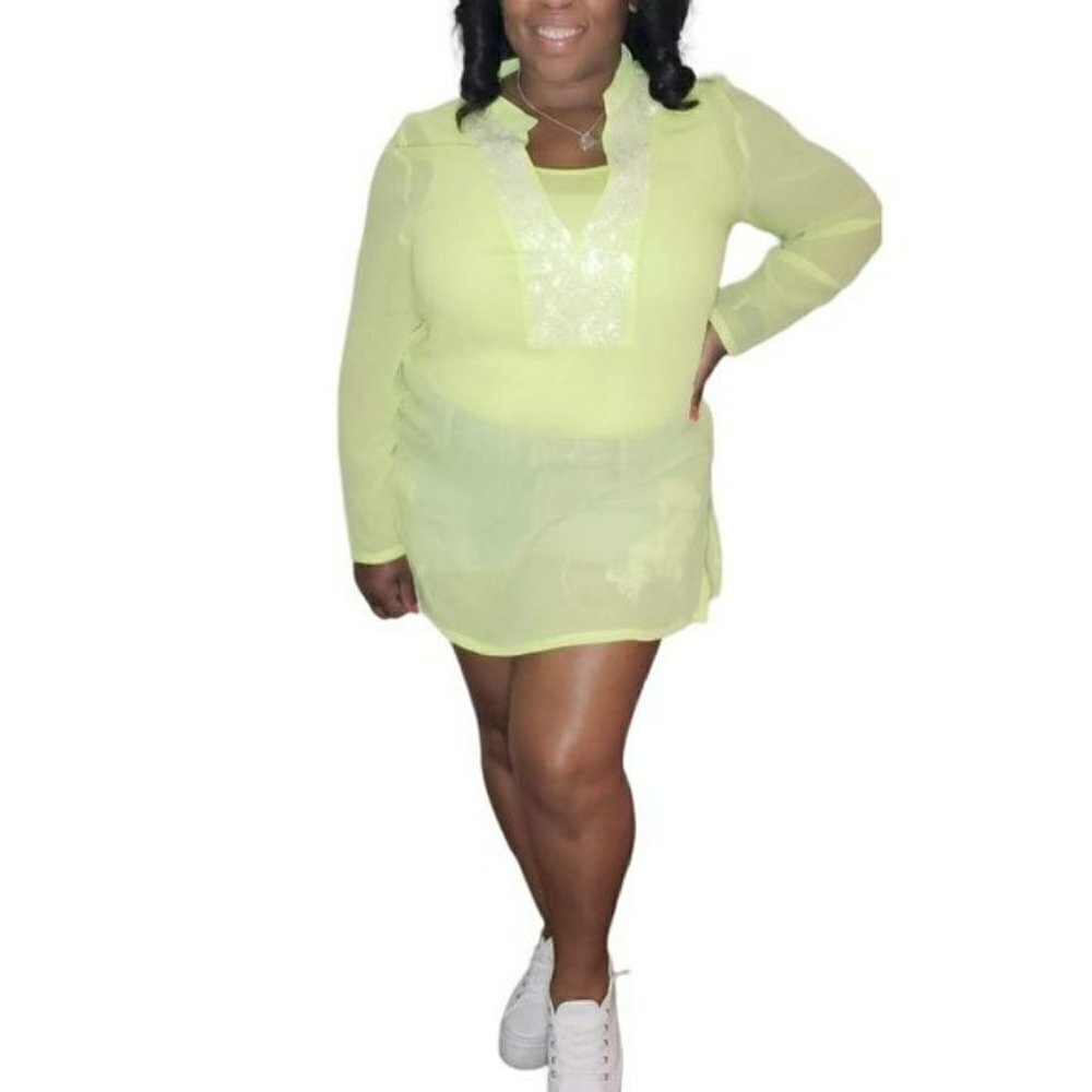 Chicos Green Beaded Long Sleeve Pullover Layered Sheer Tunic Top Size 2 (L)